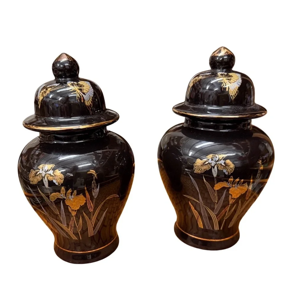 Vintage Pair Black Porcelain Ginger Jars Gold Silver Iris Butterfly Japan 6in